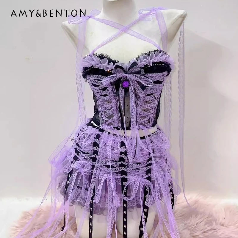 

European American Purple Lace Hollow Out Sexy Women's Sling Original 2025 Summer New Cute Sweet Bow Hot Girl Short Skirt Ladies