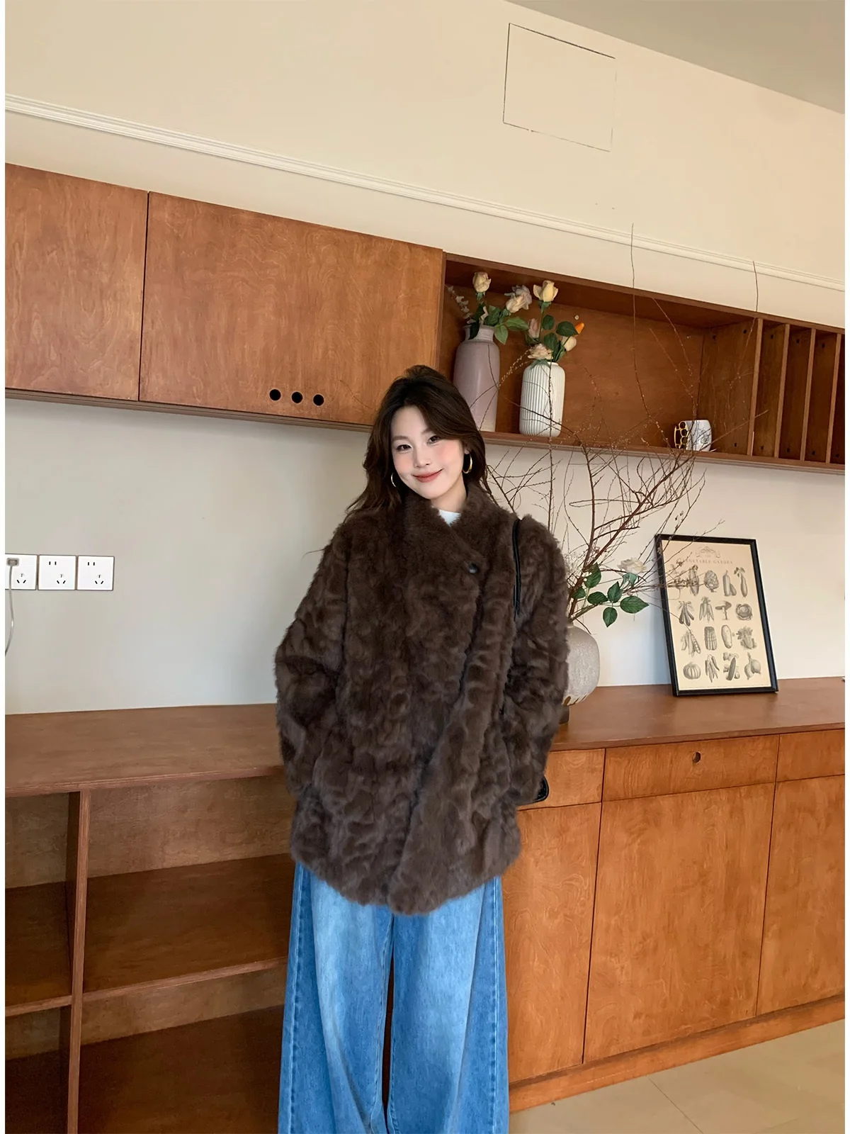 

Eco-Friendly Fur Long Coat Collar Stand up Luxury Quiet Sle Warmth for Young Women Polyester Fiber Long Sve Loose Fit