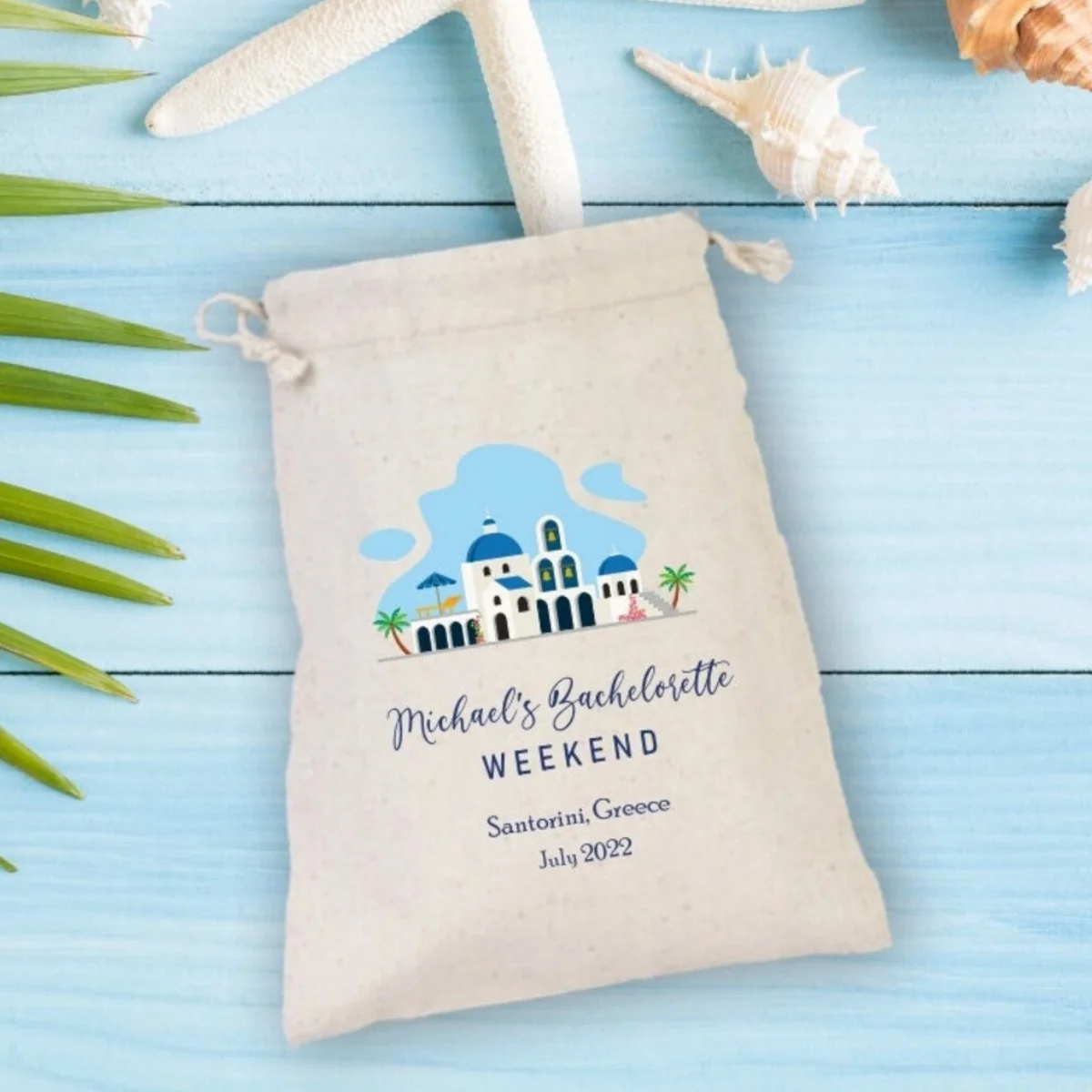 Santorini Island Destination Bachelorette Party Hangover Kit, Greece Beach Party Drawstring Mini Favor Bags, Santorini Wedding P