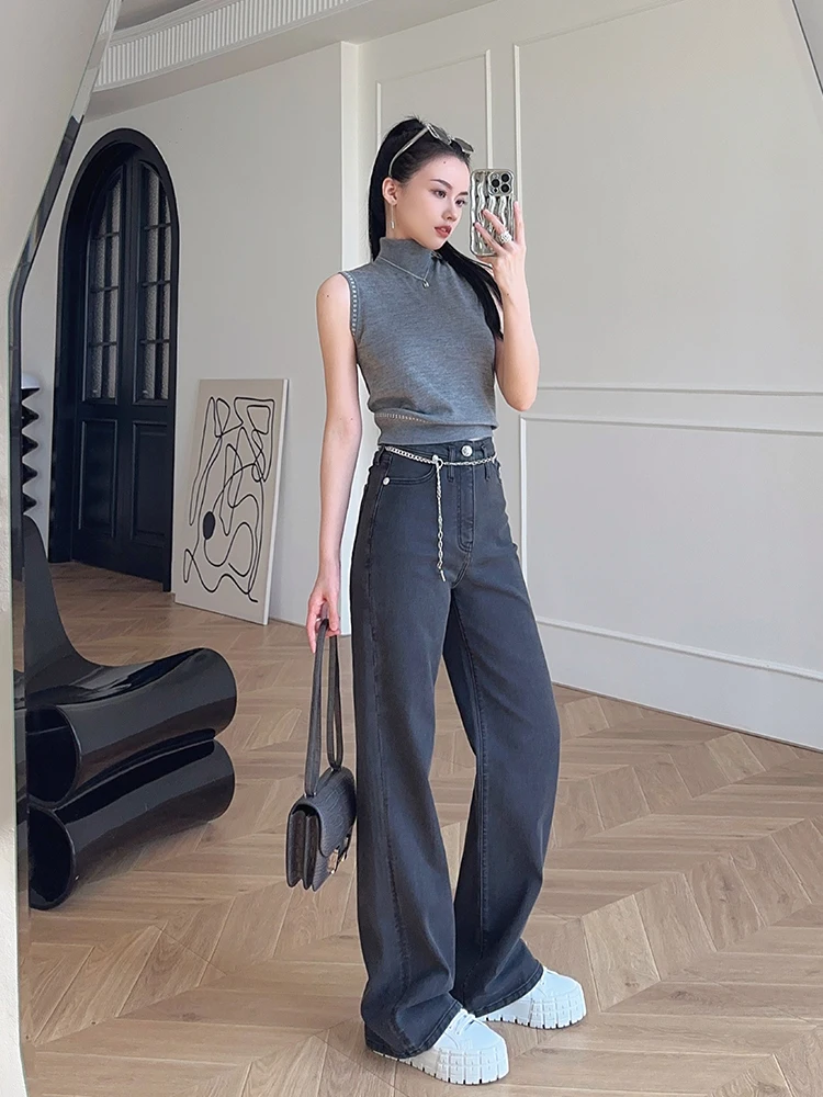 

High Waist Metal Ring Slim Fit Straight Leg High Elasticity Denim Pants Long Legs Slimming Effect SVLI Women's Jeans