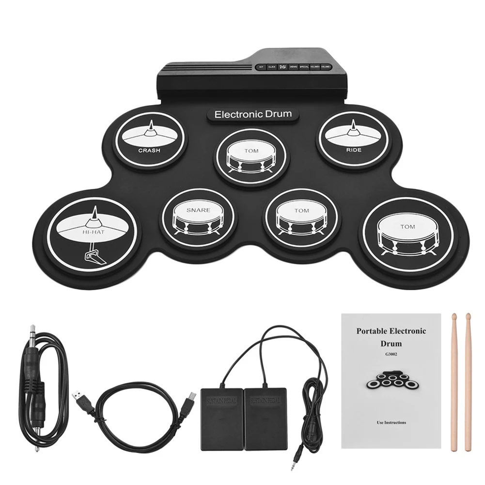 Tambores de música plegables, rollo de mano USB, tambor electrónico de silicona, Kit de tambores de práctica portátil, Kit de 7 almohadillas con baquetas, Pedal de apoyo