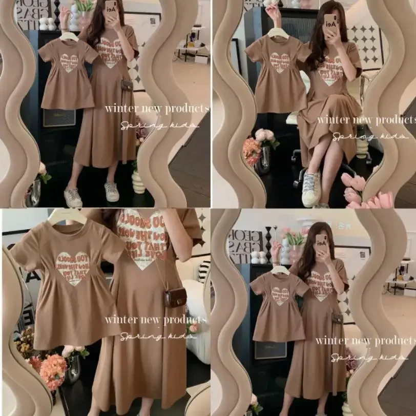 2026 Korean style parent-child clothing summer fashion solid color printed mother daughter short sleeved round neck casual dress - view 5