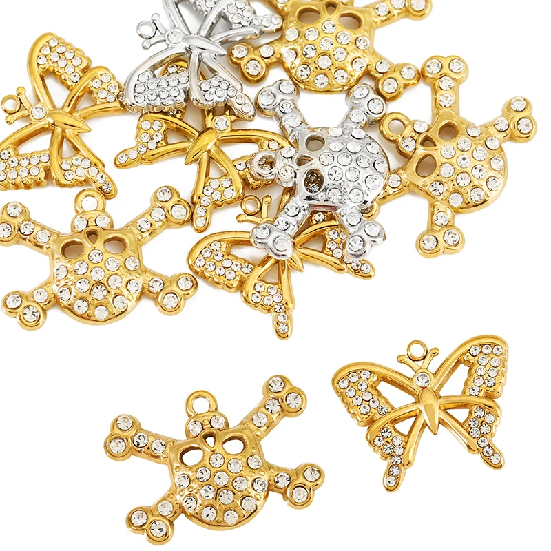 4 piezas de dijes de acero inoxidable con circonita hueca de mariposa y calavera pirata para mujer, para fabricación de collares y pendientes DIY, venta al por mayor