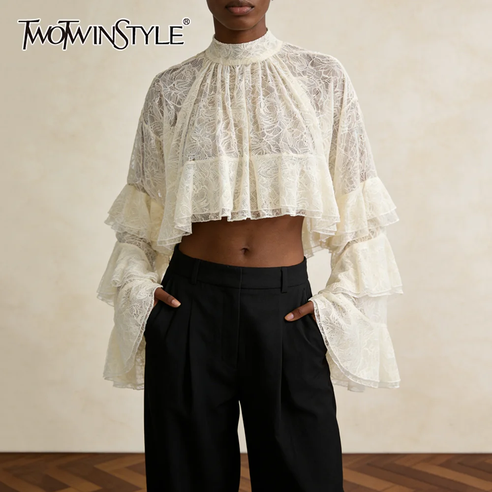 

Женская рубашка TWOTWINSTYLE с абрикосовыми вставками и рюшами, воротник-стойка, длинный рукав, свободный крой, элегантная, осенняя мода