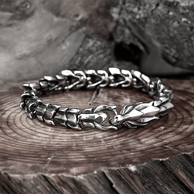 Stainless Steel Retro Dragon Dragon Head Bone Bracelet Men's Personality, Trendy And Domineering Bangle For Boy Boyfriend Gifts