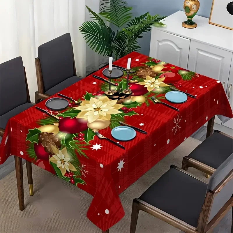 Polyester Christmas Holiday Theme Tablecloth, Machine Washable, Rectangular,, for Dining, Festive Party Celebration