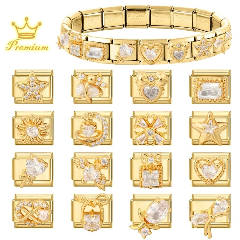 Vintage Inlay Zircon Stars Moon Heart Planet Golden Italian Charm Links Fit 9mm Stainless Steel Bracelet Women DIY Making Gift