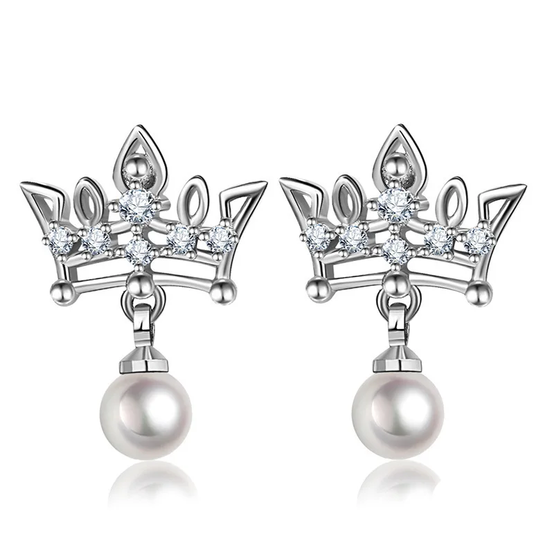 Fashion 925 Silver Needle Jewelry New Spike Crown Pearl Vintage Stud Earrings Plata Earrings Real Genuine Charm Pearl Jewelry