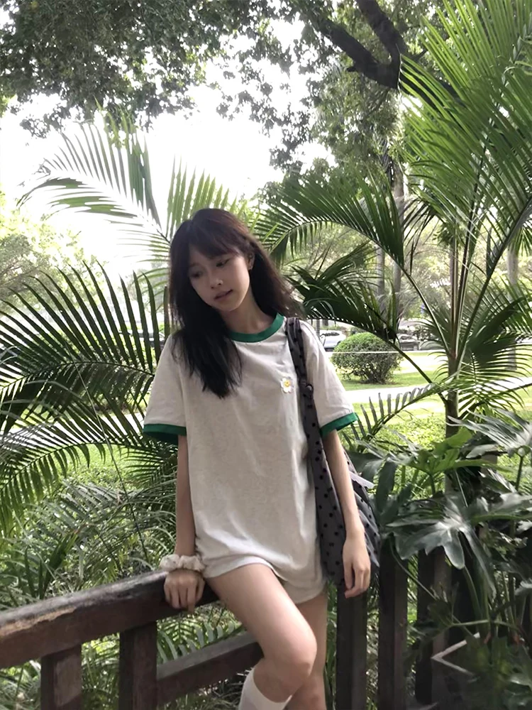 Daisy Embroidery Color Blo Pure Cotton ort Sve Women's T-irt Summer New Loose Slimming Versatile Lazy Top