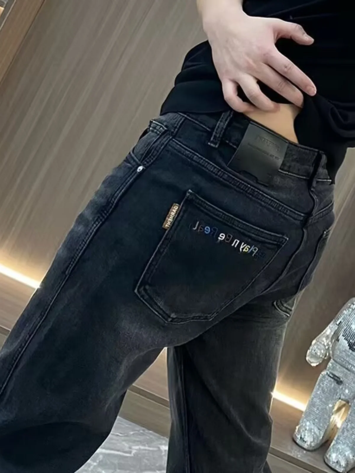 Nieuwe lente herfst high-end heren casual bla waed denim jeans faionable veelzijdige wijde pijpen rechte lange broek
