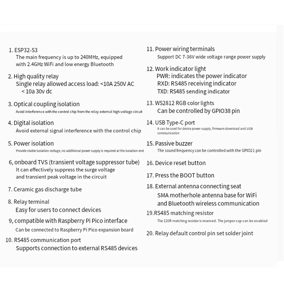 Módulo de relé WiFi RISE Waveshare ESP32-S3 de grado Industrial 6 canales compatible con relé de interfaz WiFi/Bluetooth/RS485/Pico