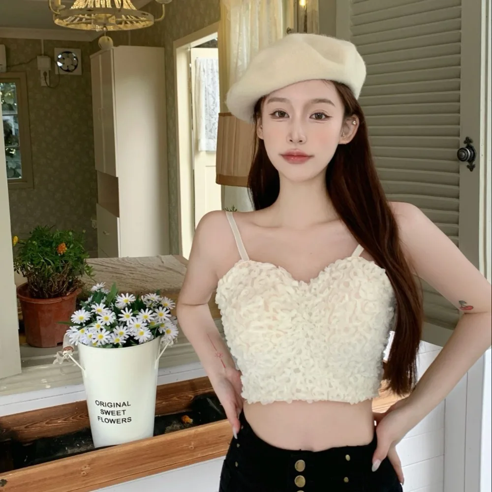 V-ncke Bra with Pads Camisole Slim Fit Elastic Sleeveless Floral Crop Tops All-match Pleated Strap Skinny Base Vest Tops Female