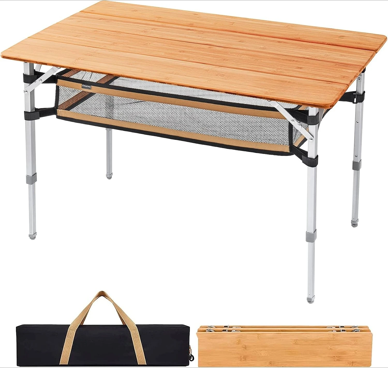 Bamboo Folding Camping Table Adjustable Height Portable Outdoor Picnic Dining Table with Storage Organizer Roll Up Utility Table for Lawn Backyard Patio Picnic Camping Hiking Natural Bamboo