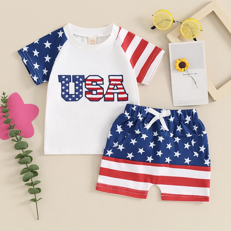 

Baby Boys 4th of July Shorts Set Short Sleeve Letters Print T-shirt Stars Stripes Shorts Summer Outfit for Independence Day