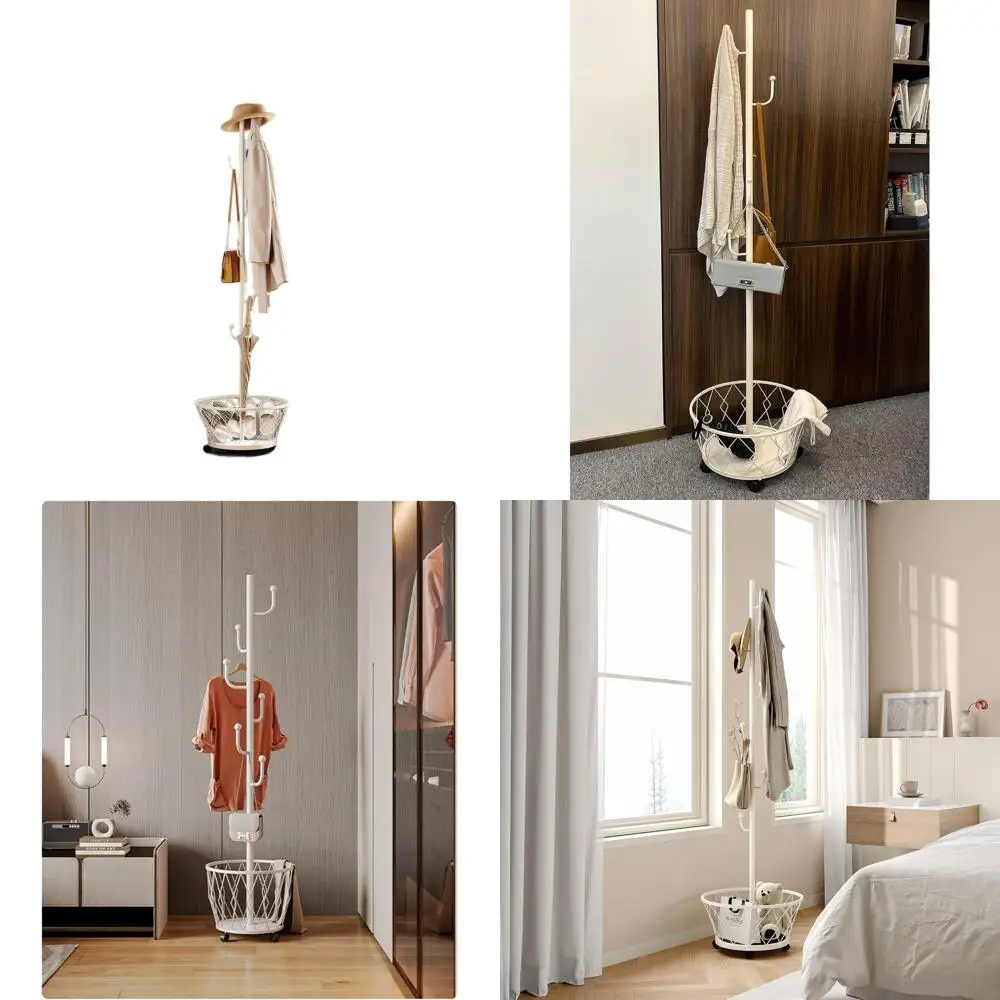 

Stylish White Metal Coat Rack with 6 Hooks and Basket for Home Entryway, Hallway, and Bedroom