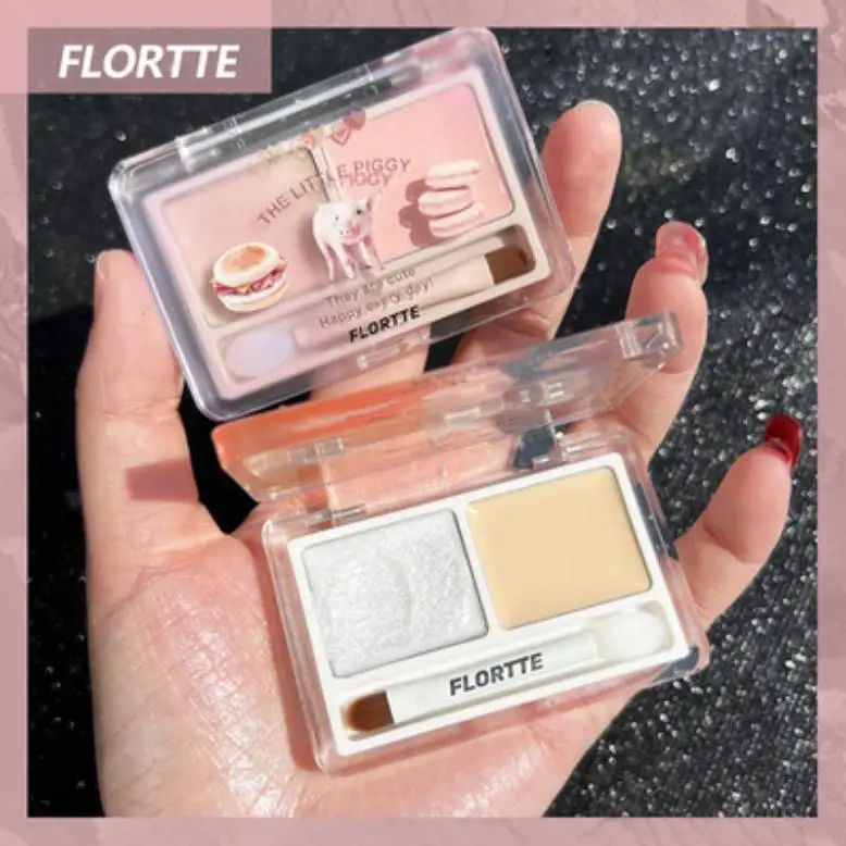 Flortte 2-color Cream Highlighter Powder Matte Glossy Double Texture Diamond Glitter Brighten Contour Palette Face Makeup