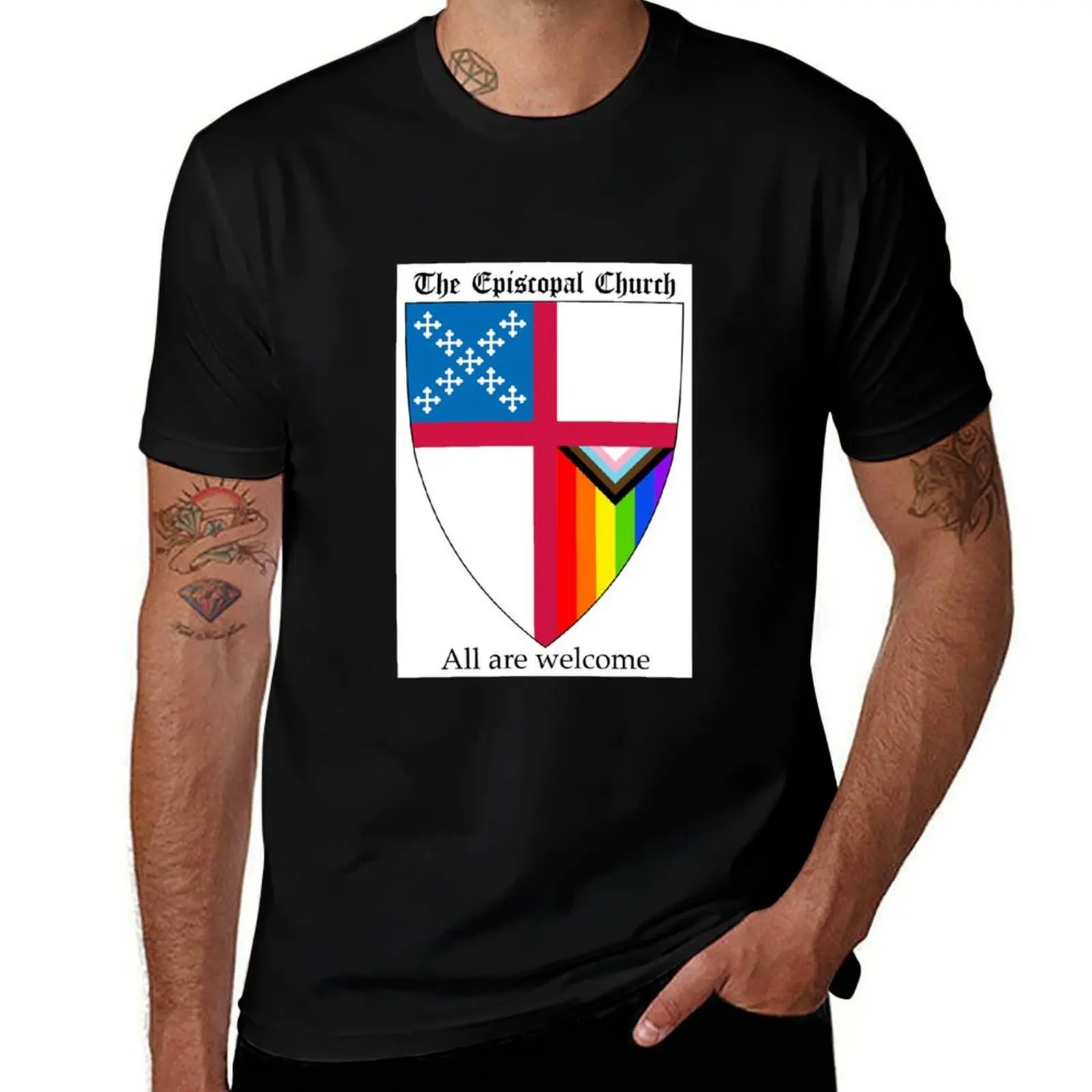 Episcopal Church Shield with Progressive Pride Flag Vertical Rainbow - All Are Welcome 2 T-Shirt