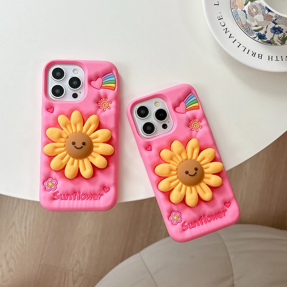 Niedliche Sonnenblumen-Teleskophalterungshülle, 3D-Blumenmuster, stoßfest, weiches Silikon, Ständerhalter-Abdeckung für iPhone 16, 15, 14, 13, 12 Pro Max – Detail 3