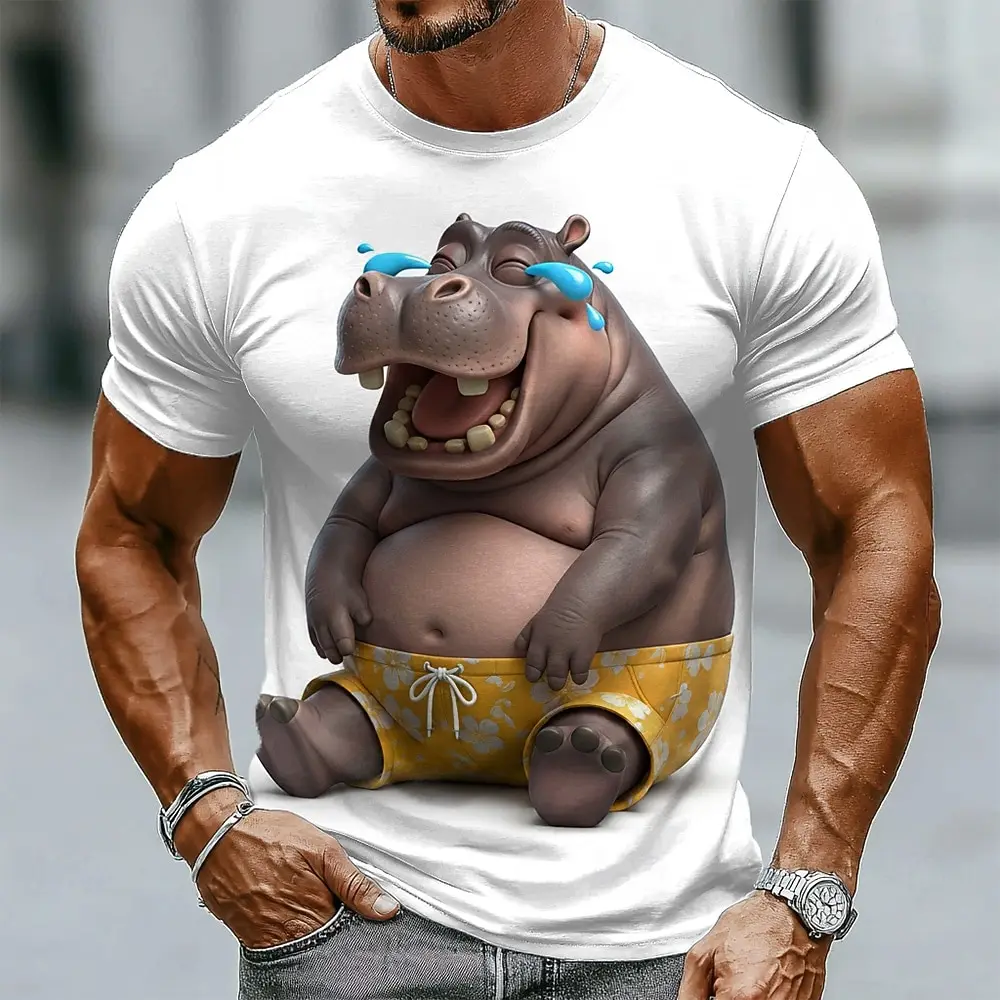 Men's Funny Cartoon Shark Laughing Hippo Print T-Shirt Cute Animal Humor Graphic Summer Casual Crew Neck Short Sleeve Tee