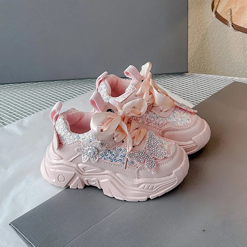 

Spring Autumn Children Bow Casual Sneakers Kids Crystal Non-Slip Soft Sole Running Shoes Girls Lightweight Student Casual Shoes