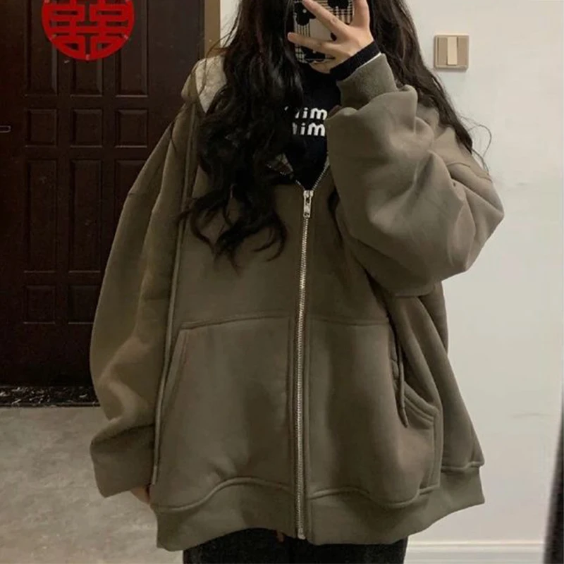 

Female Pocket Zipper Hooded Coat 2023 Autumn Winter Solid Color Thicken Coat Women's Loose Casual Fashion Sweater Jacket