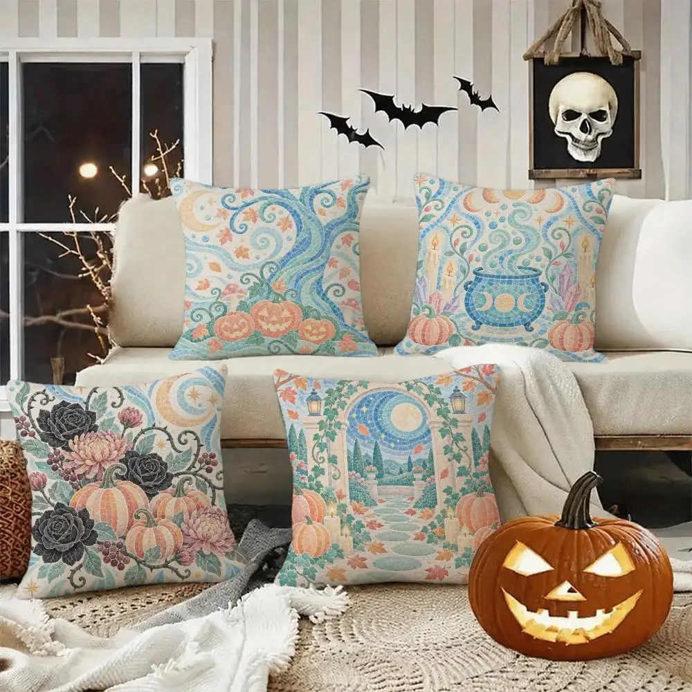 Blue Moon Halloween Gift Cushion Cover Halloween Rustic Throw Pillow Covers, Cute Ghost Pumpkin Maple Leaf Cushion Covers