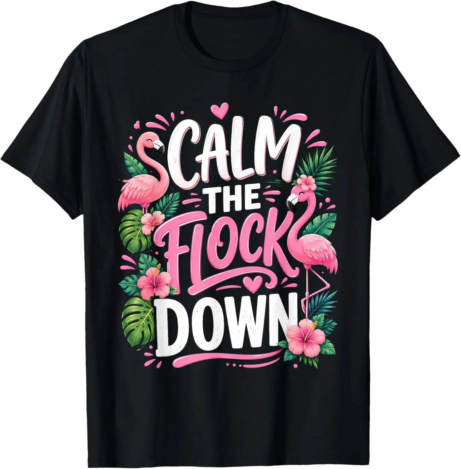 Funny Flamingo Calm The Flock Down Beach Tropical Summer T-Shirt 100% Cotton Trendy Y2K Short-Sleeve Tee-Soft, Quick-Drying,