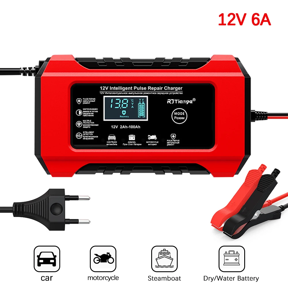 

Smart Battery Charger Car/Motorcycle Charger Digital Display Screen Suitable for Lead Acid Batteries EU Plug 12V6A