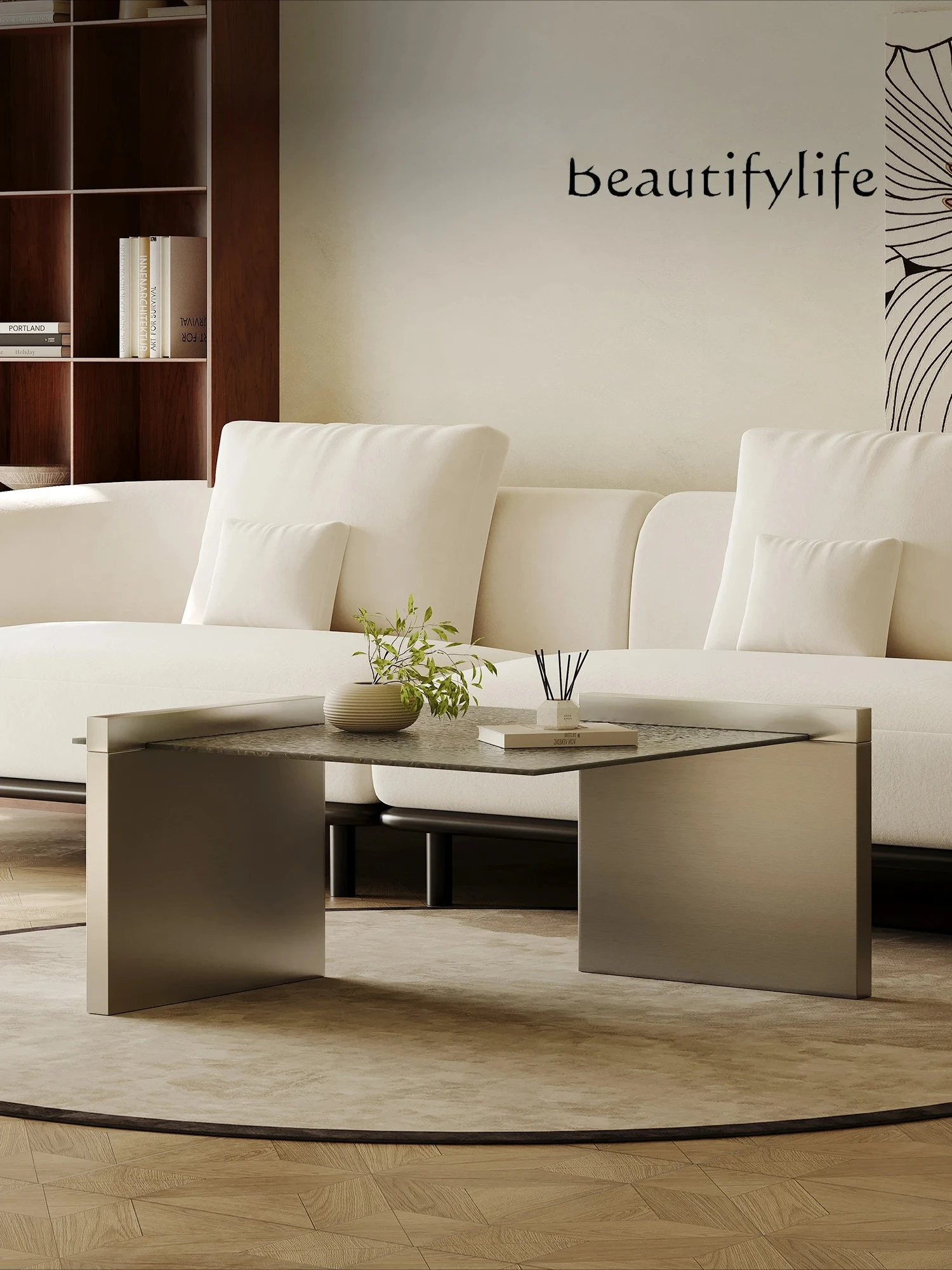 

square coffee table stainless steel light luxury high-end water ripple glass living room household small apartment modern simple