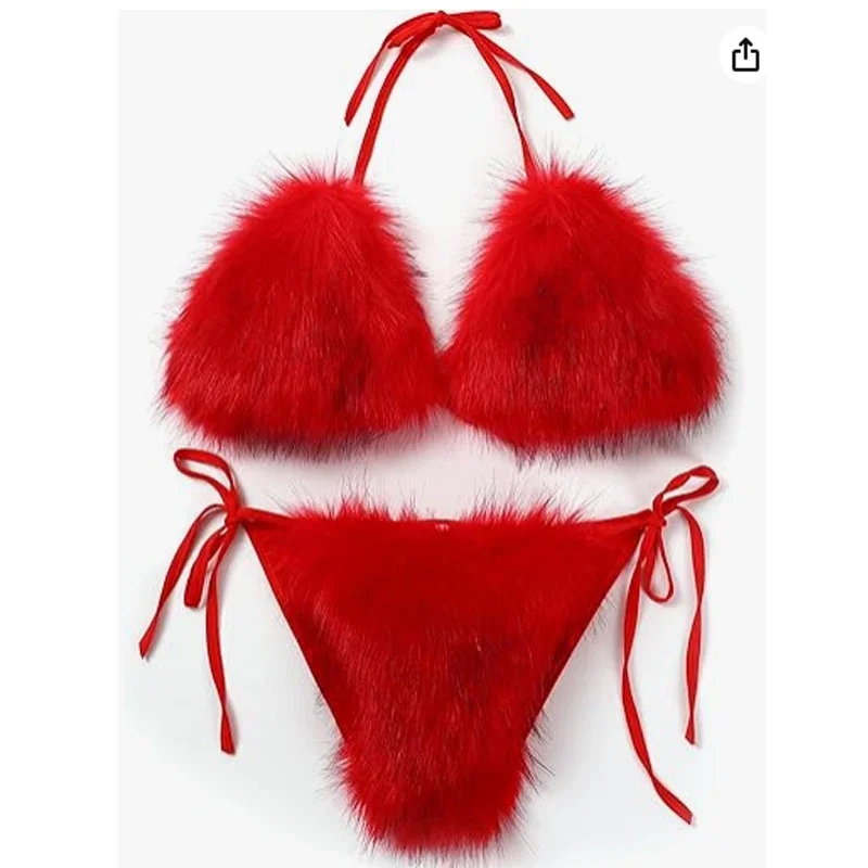 

Christmas Sexy Lingerie Detachable Bikini Sets Fake Fox Fur Triangle Two Piece Swimsuit Tie Side Sexy Swimwear for Women