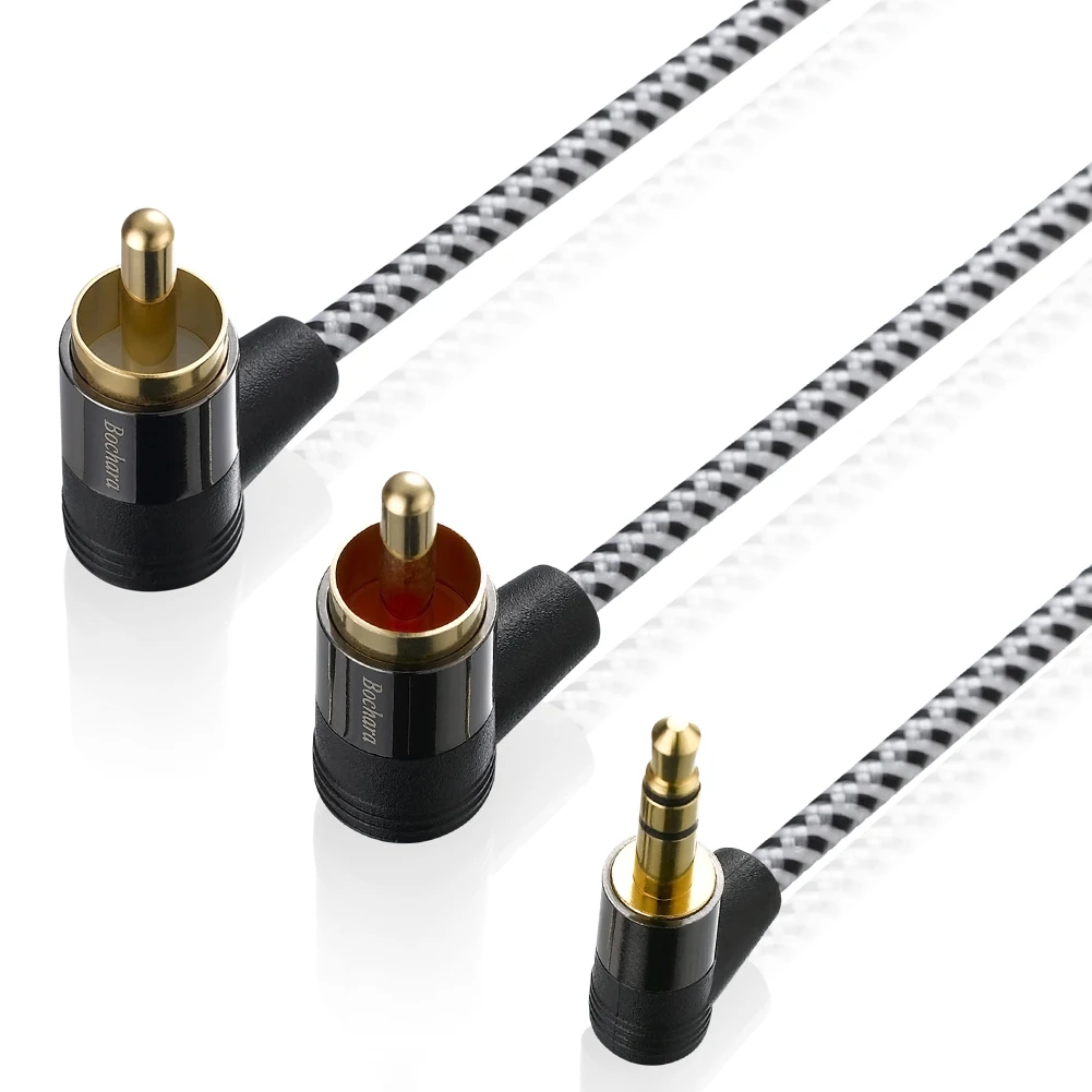 Bochara-cable de Audio trenzado chapado en oro de 90 grados, conector de 3,5mm a 2RCA OFC para altavoces, mezclador amplificador, 1,8 m, 3m, 5m, 10m