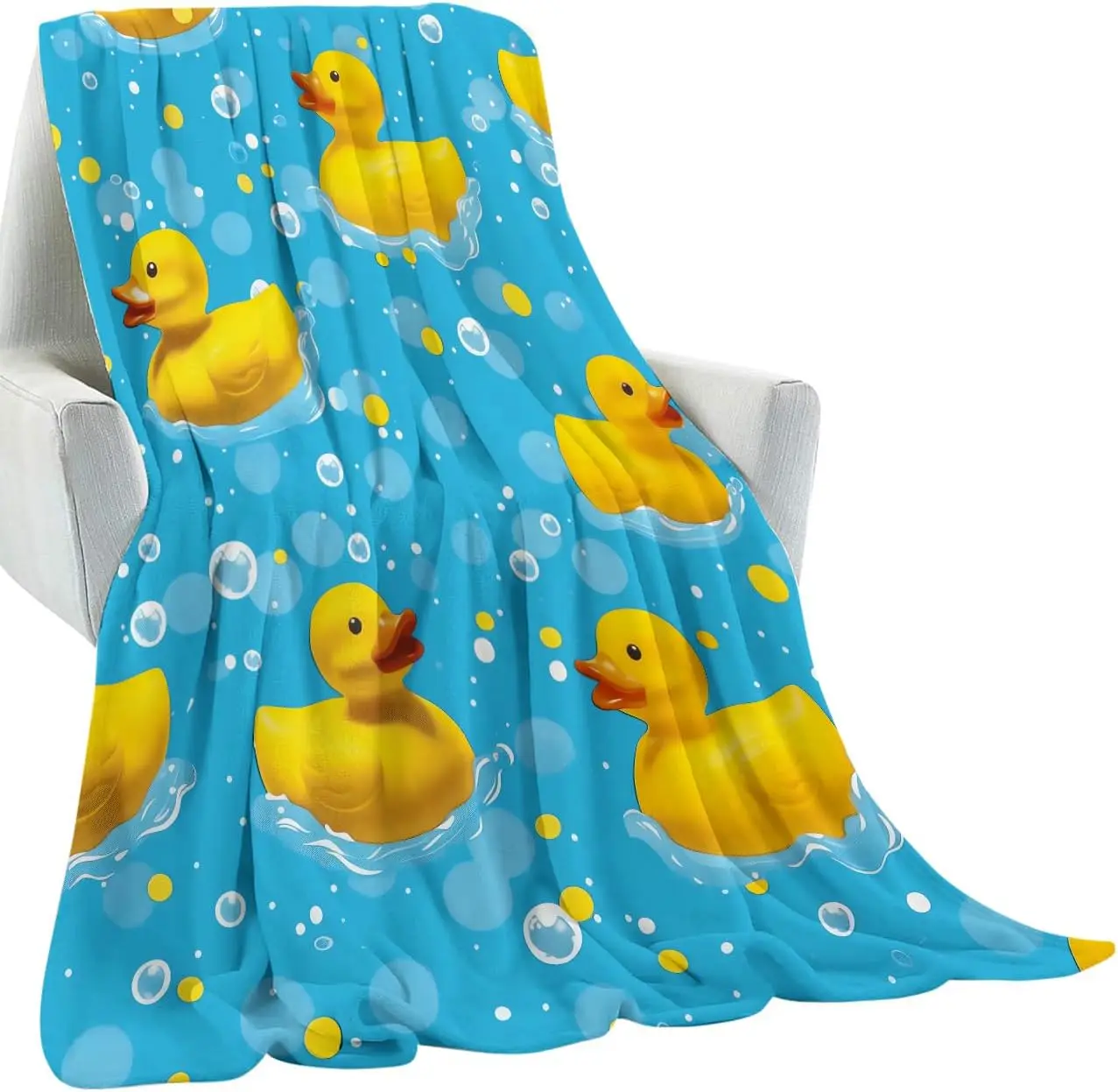 Fun Kids Yellow Rubber Duck Water Bubble Ocean Pattern Flannel Blanket Decorative Throw For Lounge Bedroom Holiday Gift