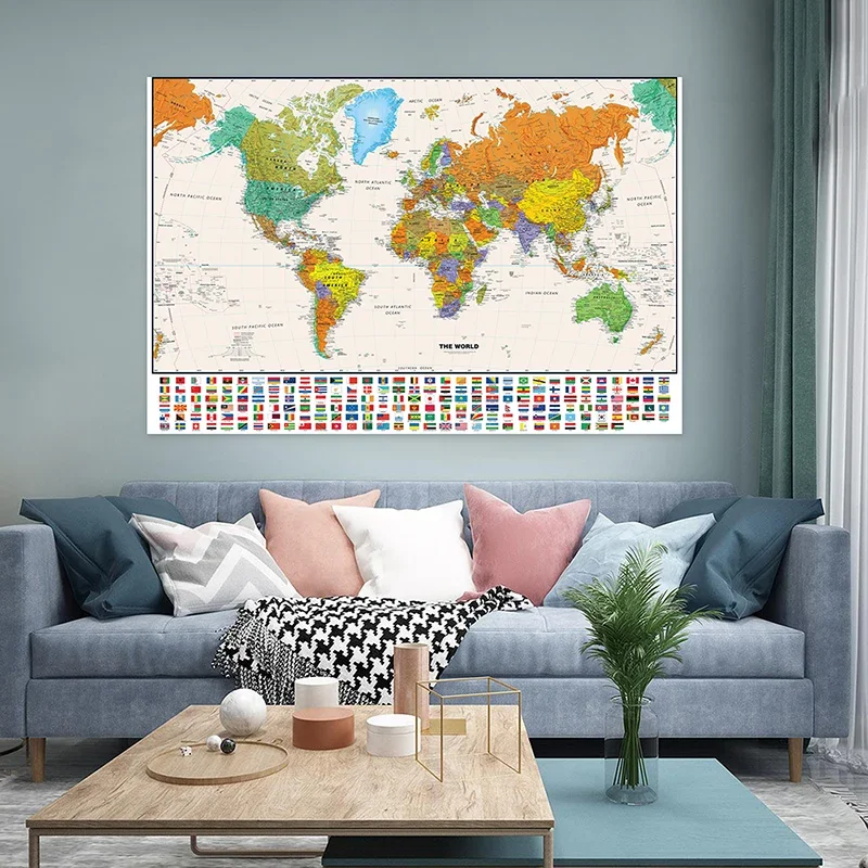 O mapa do mundo 100*70cm em inglês edição clássica sem moldura pintura em tela cartaz de arte de parede e impressão material escolar de escritório