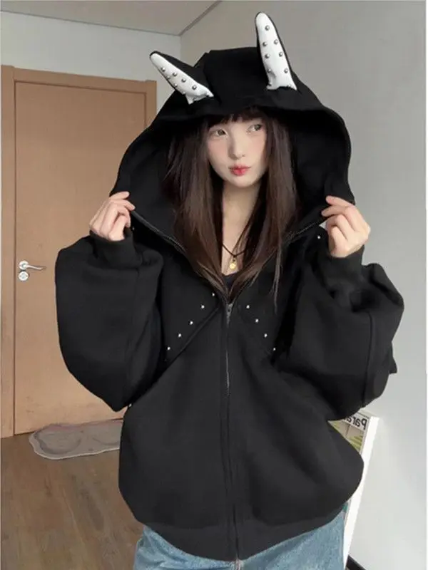 

Streetwear Rivet Zip Up Hoodies Women Doberman Sweatshirts Men Spring Autumn Y2k Hoodies Loose Couple Cardigans Women Clothes