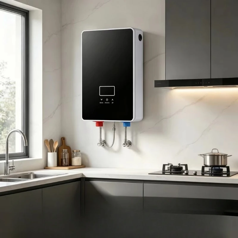 5500W instant electric water heater with digital touchscreen display, instant hot water for bathrooms and kitchens