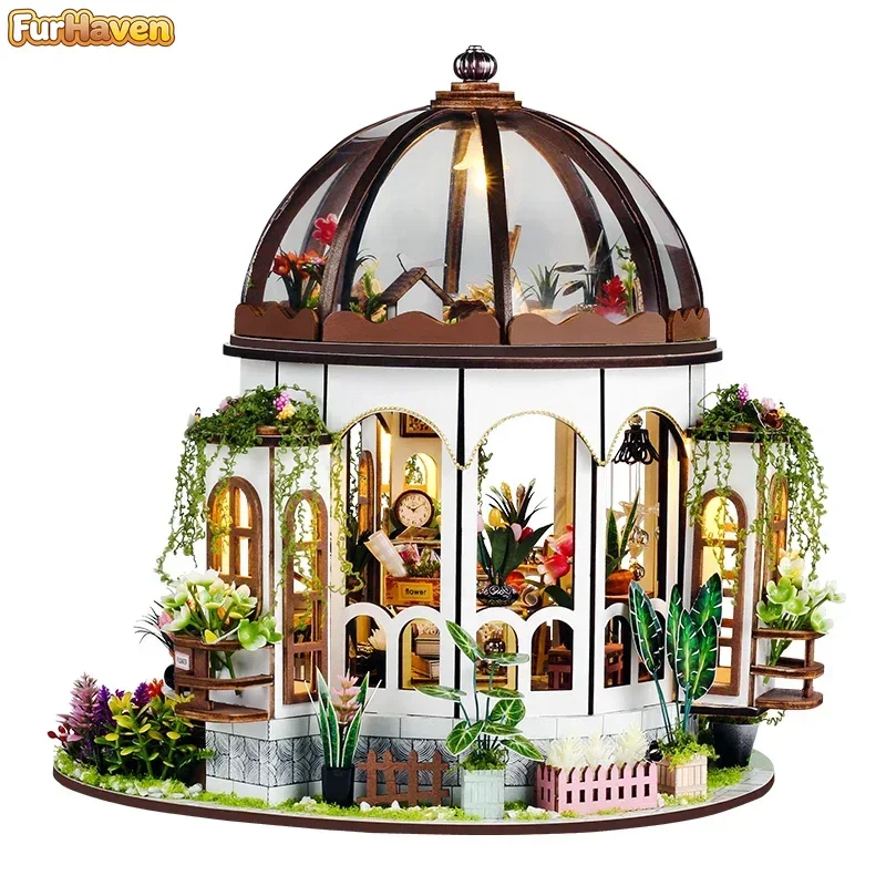 

Деревянный кукольный домик DIY с мебелью и светодиодной подсветкой, миниатюрный набор для сборки сада, подарок для девочек