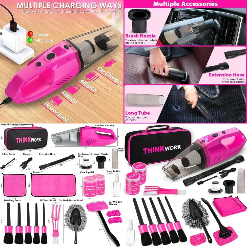 

THINKWORK Комплект для детализации автомобиля Очиститель салона, Комплект для чистки автомобиля с беспроводным розовым ручным пылесосом 8000PA, Интерьер автомобиля D