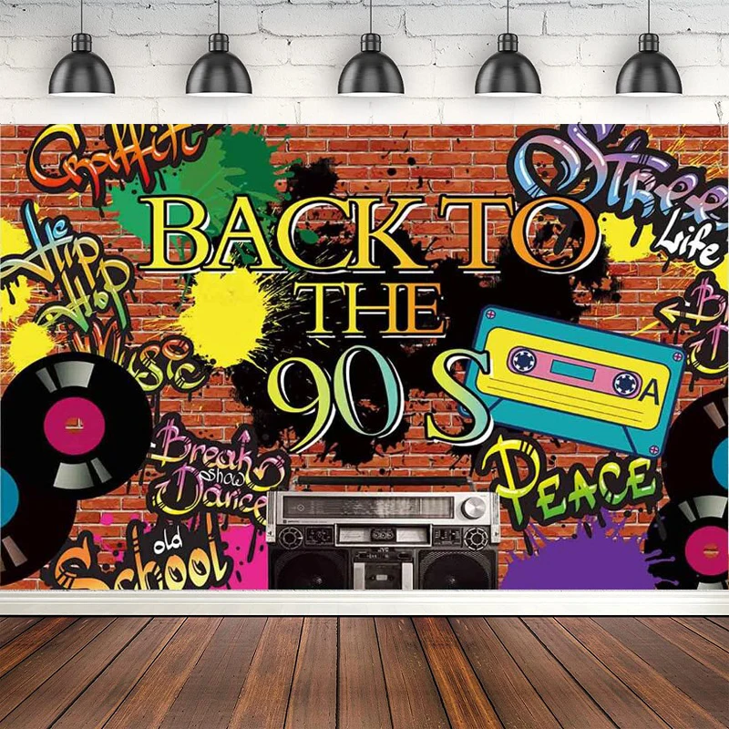 Back To The 90's Theme Party Photography Backdrop Hip Hop 90th Graffiti Brick Wall Background Radio Prom Birthday Party Banner