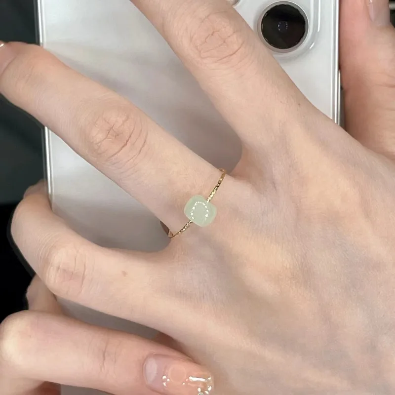 Classic Elegant Sterling Silver Adjustable Hetian Jade Bead Ring for Woman New Chinese Style Jewelry Accessory Girlfriend's Gift