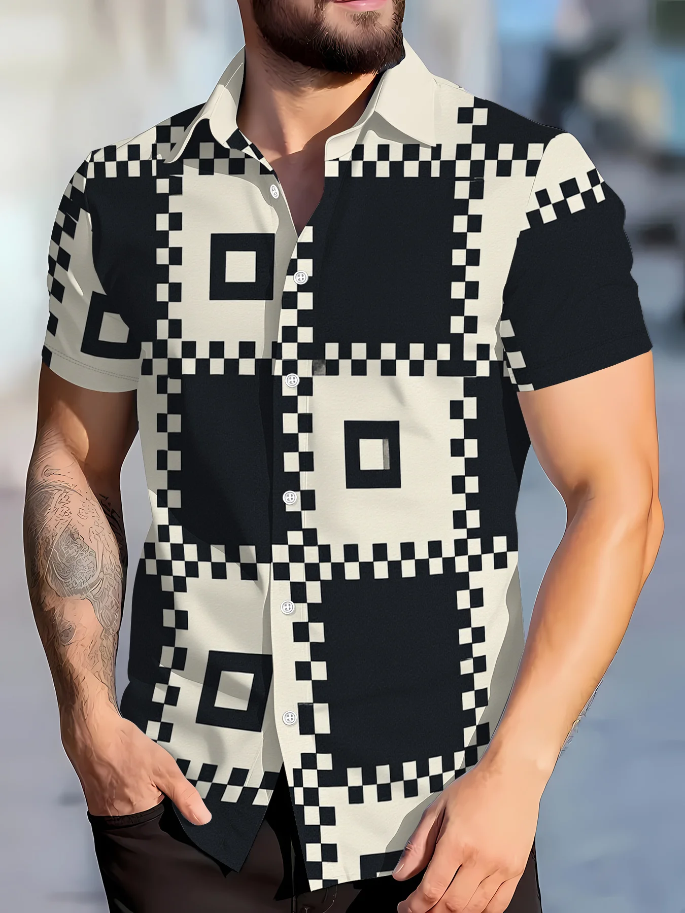 Men Short Sleeve Shirt Black White Pixel Geometric Square Print Casual Streetwear Holiday Beach Vacation Mens Clothing