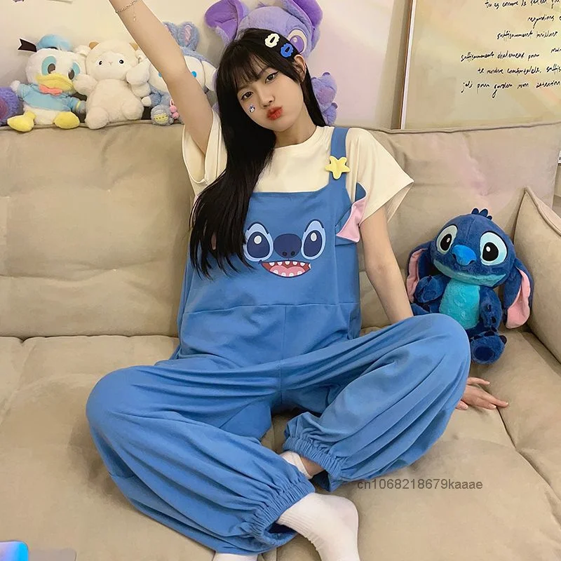 Disney Stitch Pure Cotton New Sleepwear Women's Summer Korean Version Casual Pajamas Cute Cartoon One-piece Style Home Suit Set