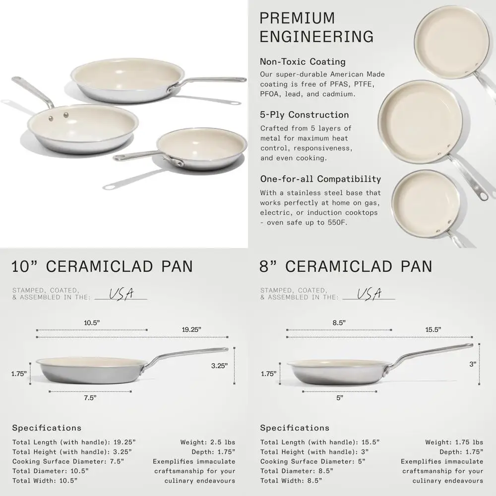 

Ceramic Non-Stick 3-Piece Frying Pan Set - 8, 10, and 12 Inch Pans with Stainless Steel Handles - 5-Ply Stainless Steel Clad Coo