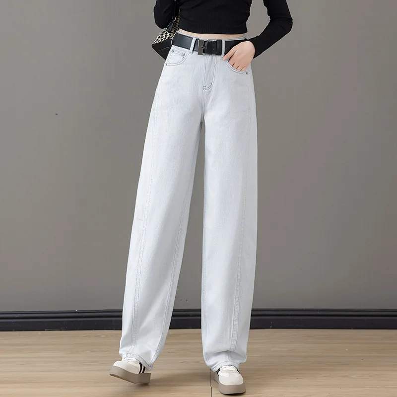 جينز مستقيم ضيق للربيع والخريف للنساء، سروال متعدد الاستخدامات، خصر عالي، سروال طويل فضفاض واسع الساق، سروال Scimitar