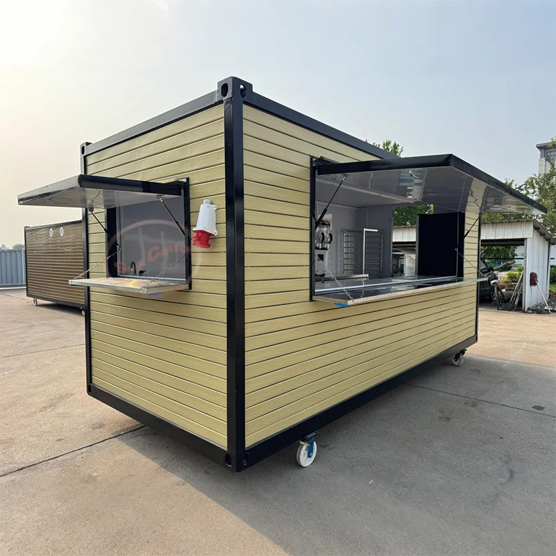 Outdoor Food Trailer Light Yellow Body with Black Borders Industrial Style Texture Design Mobile Kitchen Catering Truck