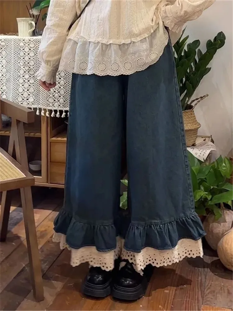 

High Waist Lace Trimmed Wide Leg Jeans Women's Summer plus Size Slimming Hip Covering Casual Loose Fit Denim Pants