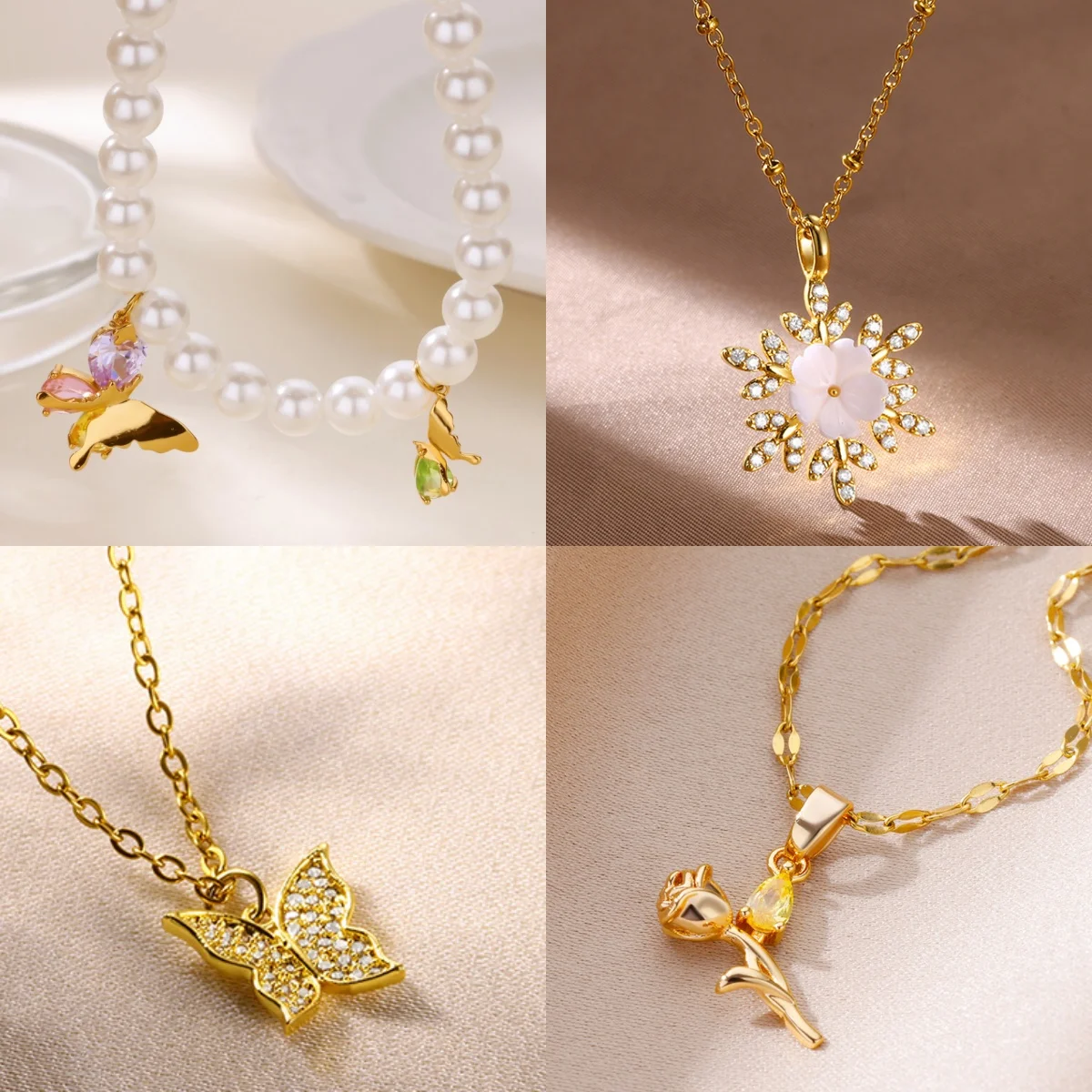 

10pcs Romantic Butterfly Zirconia Necklaces 18K Gold Plated Floral Imitation Pearl Necklace Jewelry Christmas Gift Wholesale