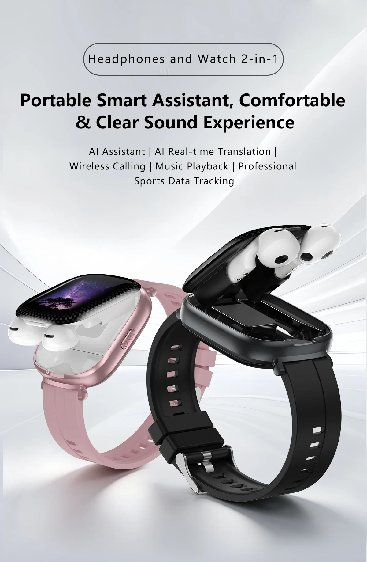 Smart Watch with Built-In Wireless Earbuds, HD Stereo Sound and Bluetooth Calling description 2