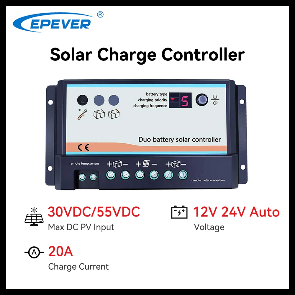 EPever 20A Dual Battery Solar Charge Controller 12V 24V Auto Solar Regulators Two Solar System Fit for RV System DB-20A