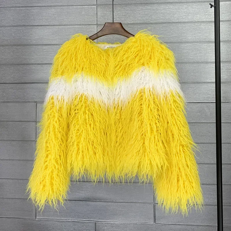 2024 New Arrival Women Fashion Long Sleeve O-neck Fluffy Fur Furry Jacket Colorful Faux Mongolia Sheep Fur Coat Female