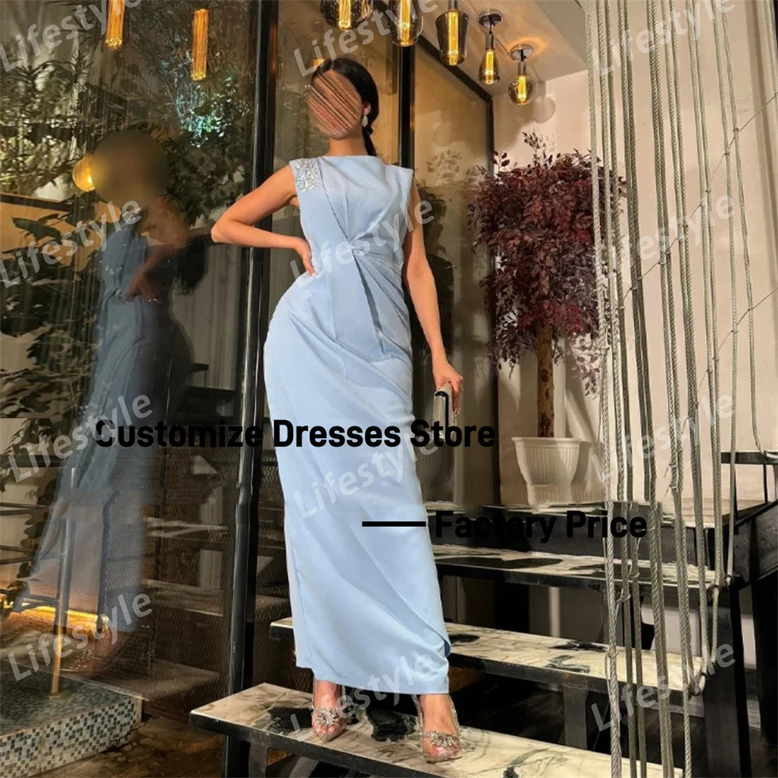 Customized O-Neck Simple Ruched Mermaid Sleeveless Prom Dress Beaded Grace Ankle-Length Arab Evening Party dresses for women